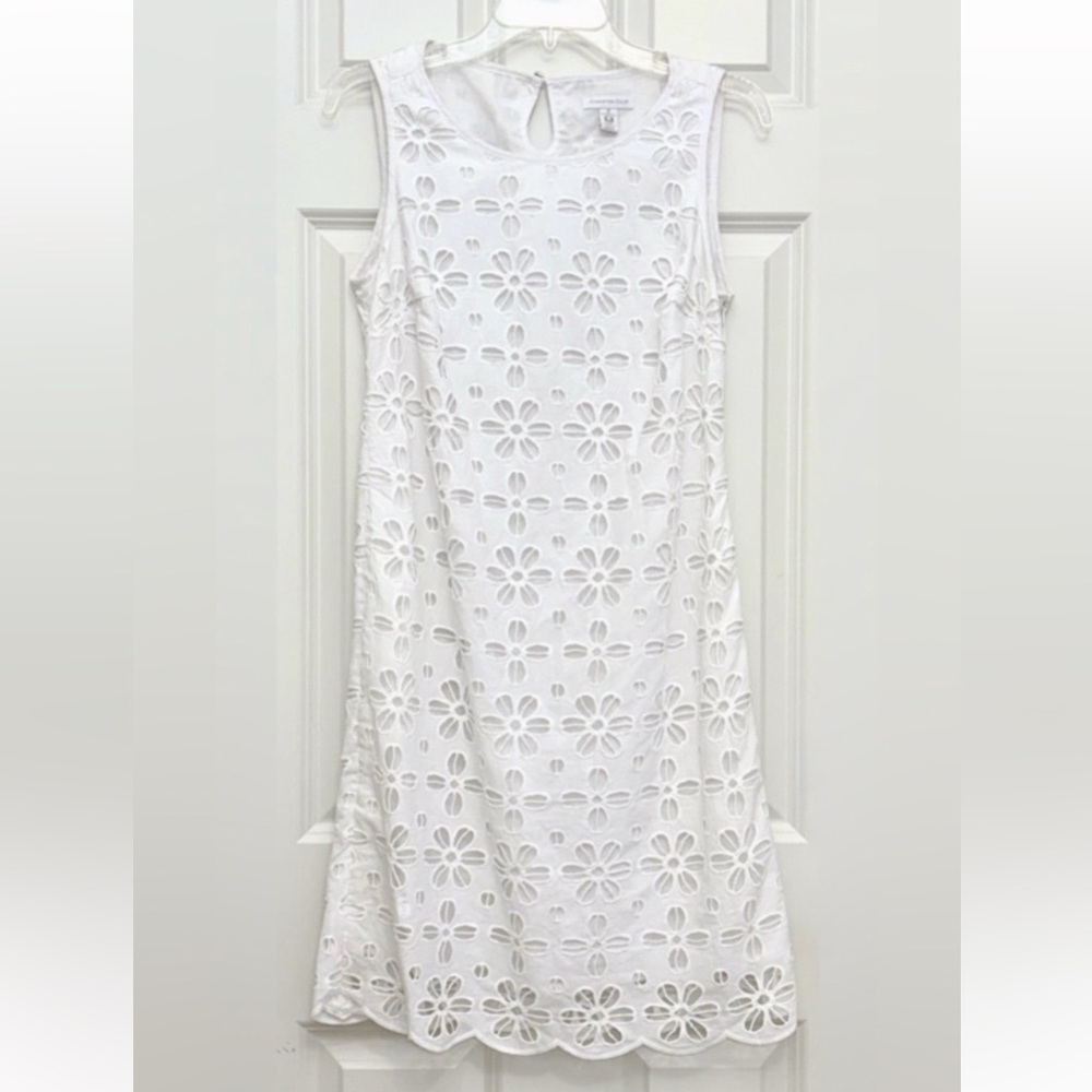 Charter Club White Cotton Summer Dress Sleeveless Scallop Hem Midi Size 6